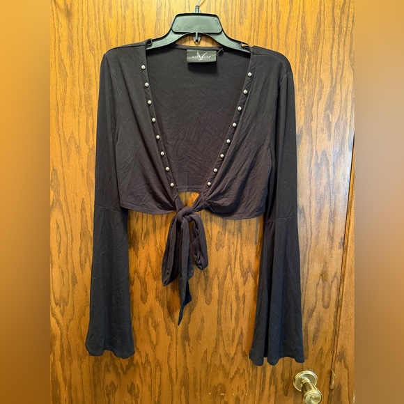 Kill Star Tops - Black Tie-Front Bell Sleeve Kill Star Top